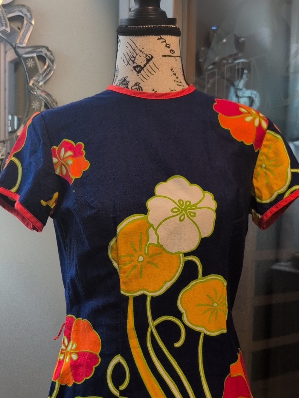 Joan Curtis Vintage 60's Navy Floral A-Line Dress with Orange & Yellow Poppies